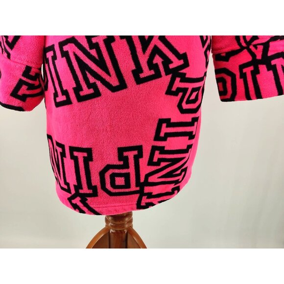 Victoria Secret Pink Size M Hot Pink Logo in Black Fleece Bathrobe with Belt - Picture 9 of 11